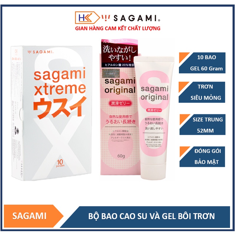 Combo bao cao su siêu mỏng Sagami Super Thin 10 bao và gel bôi trơn tạo độ ẩm Sagami Original 60G