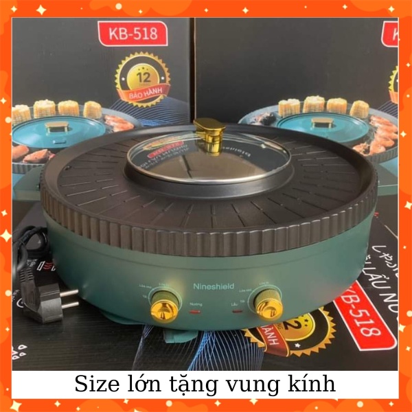 Nồi lẩu nướng đa năng 2 trong 1 Nineshield KB-518, KB-303, bếp lẩu nướng điện tròn 2 ngăn tặng kèm vung kính