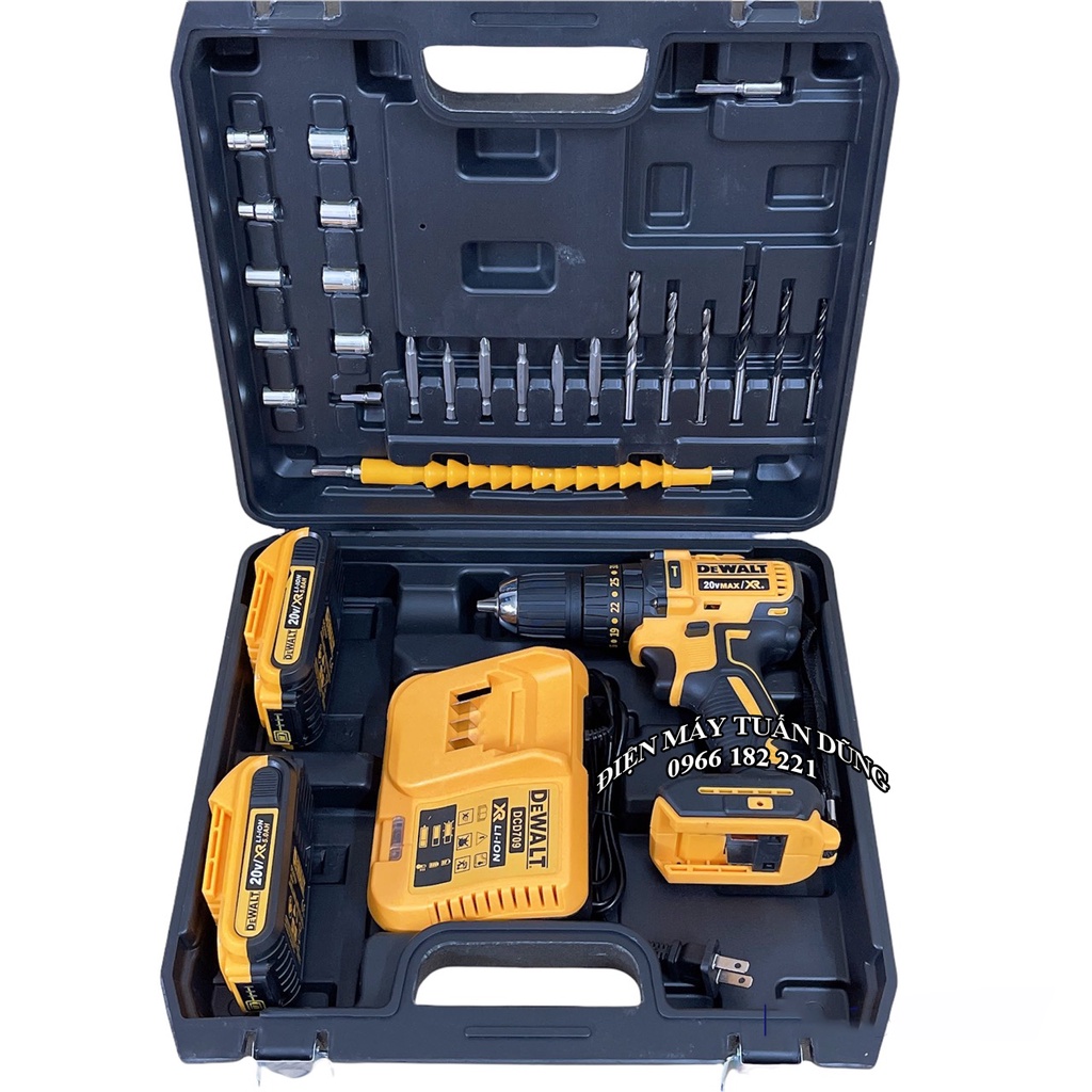 Máy khoan dùng pin De.Walt DCD709 20v Động cơ từ Đầu kẹp 10 ly Tặng 24 Phụ kiện