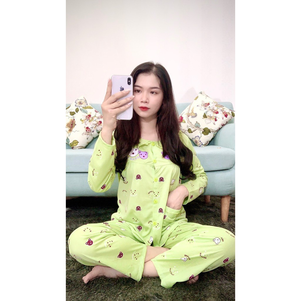 Bộ đồ bầu dài tay chất cotton thoáng mát  họa tiết gấu thiết kế cổ bèo siêu xinh BD914
