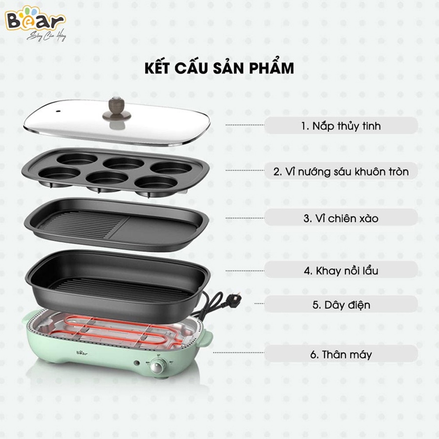Nồi lẩu nướng đa năng Bear, bếp lẩu nướng 2 in 1, 1600W phủ chống dính cao cấp – Hàng chính hãng bảo hành 6-18 tháng