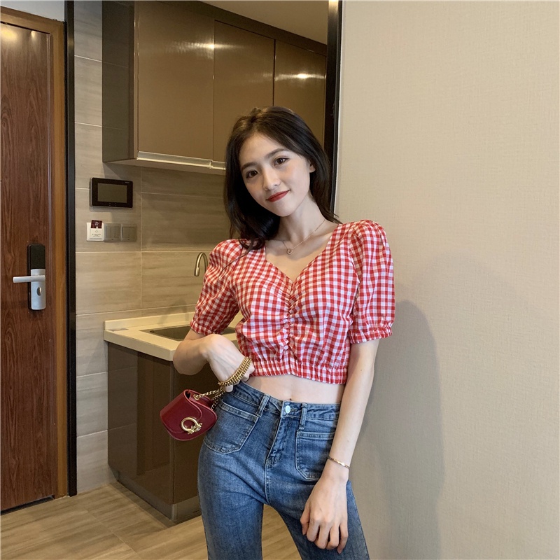 Áo sơ mi NZN tay phồng ôm dáng họa tiết sọc caro thời trang mùa hè dành cho nữ