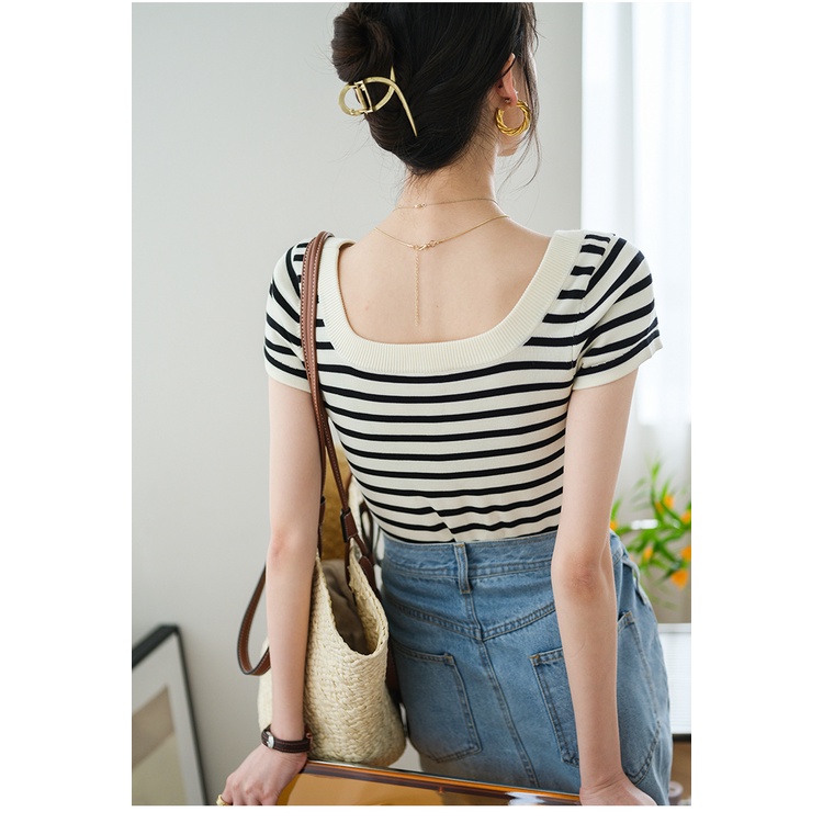 Áo thun ZHELIHANGFEI tay ngắn họa tiết sọc năng động thời trang theo phong cách retro