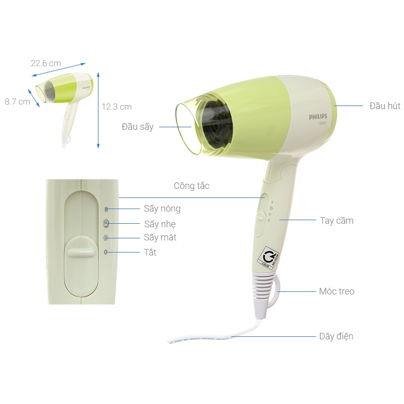 Máy sấy tóc Philips màu xanh BHC015 1200W, bảo hành 2 năm | Hàng chính hãng