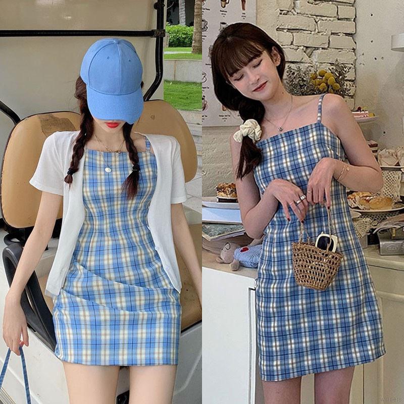 Đầm Hai Dây Họa Tiết Sọc Caro Phong Cách Retro | BigBuy360 - bigbuy360.vn