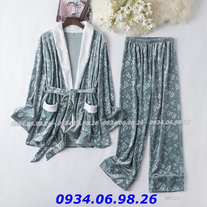 Đồ bộ mặc nhà cao cấp - Bộ ngủ quần dài tay dài mùa đông kiểu dáng pijama cột dây chất nhung siêu sang đẹp