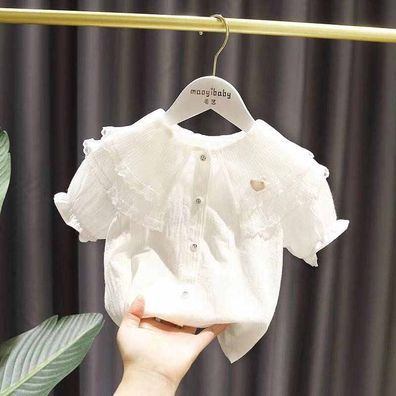 Áo Sơ Mi Cotton Tay Ngắn Phối Bèo Xinh Xắn Cho Bé Gái 1-7 Tuổi