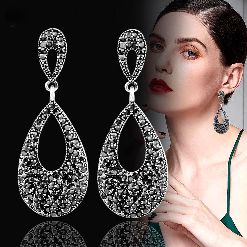 Đôi khuyên tai SINLEERY ES116 mặt hình giọt nước đính đá nhân tạo màu đen phong cách cổ điển thời trang cho nữ