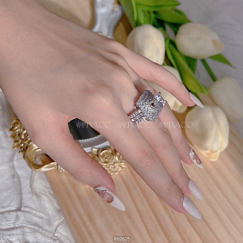 Set trang sức, bộ bông tai, dây chuyền, vòng tay, nhẫn xi bạch kim đá vuông đính full paguet .PTNACC.