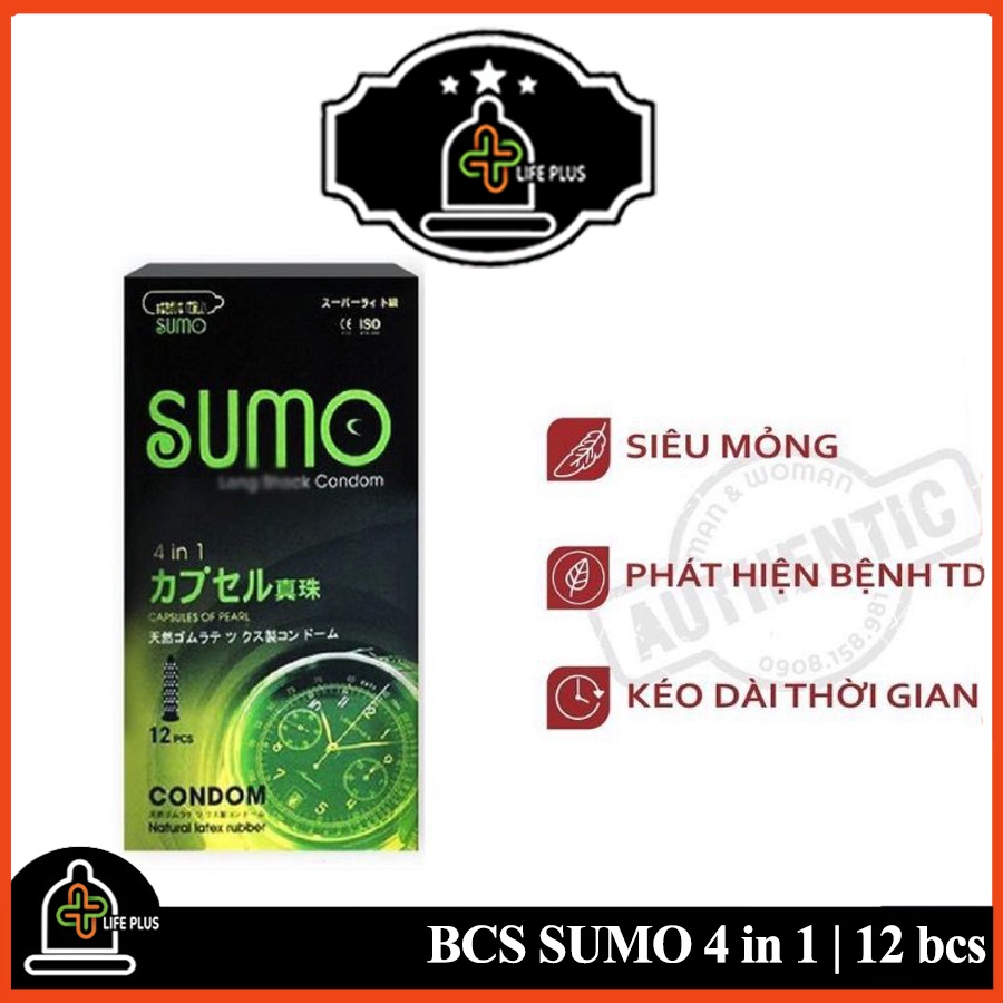 Bao Cao Su Siêu Mỏng SUMO 4 in 1 Gân Gai, Phát Hiện Bệnh Tình Dục Hộp 12 bcs - Tặng 1 Bao Cao Su LP01 - Life Plus Store