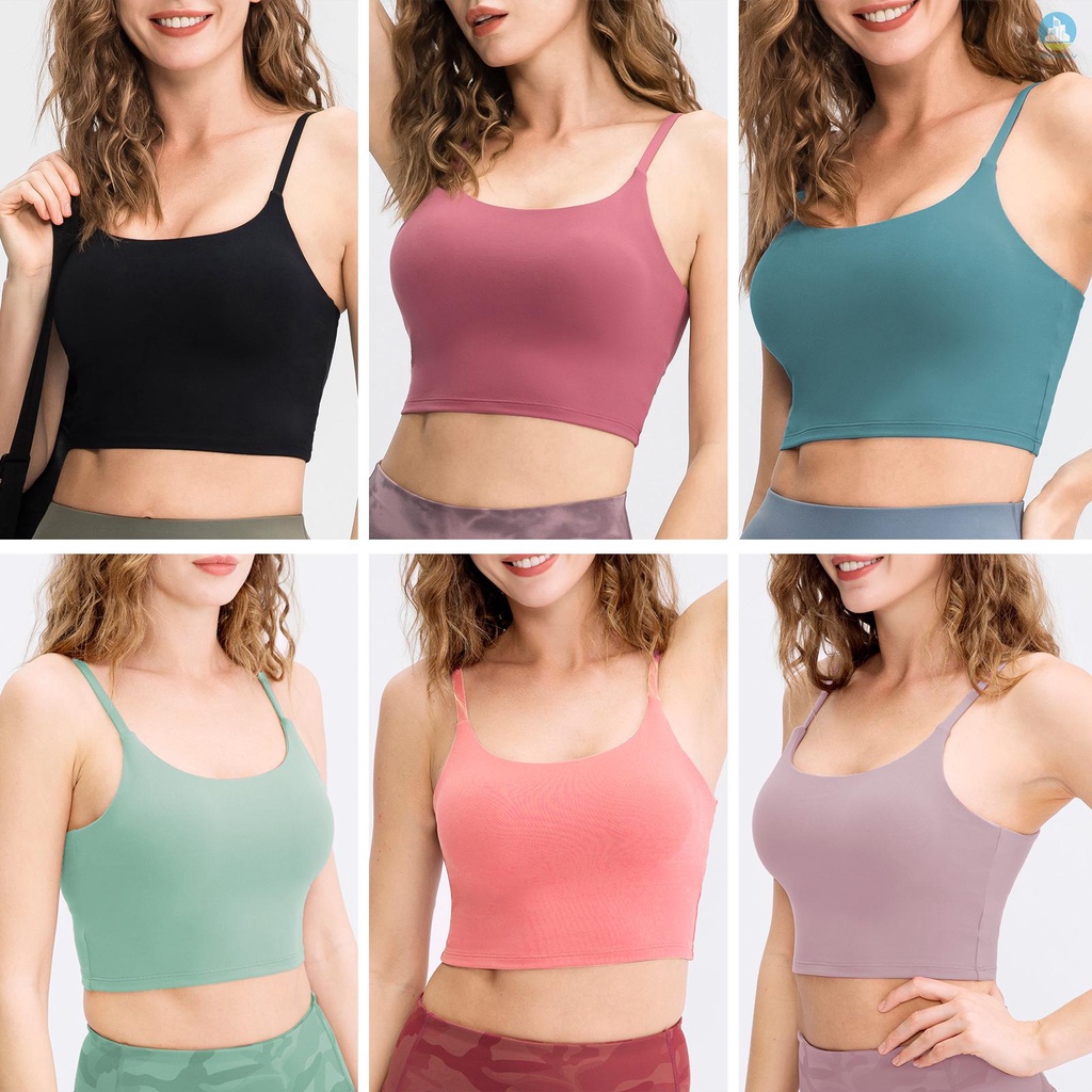 New Women Sports Bra Spaghetti Removable Padded Wireless Stretchy Breathable Cami Yoga Training Running Athletic Cropped Tank Top