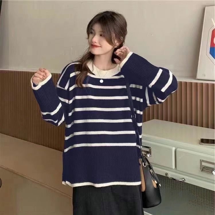 NZN Áo len nữ dài tay cổ tròn sọc ngang màu sắc thời trang