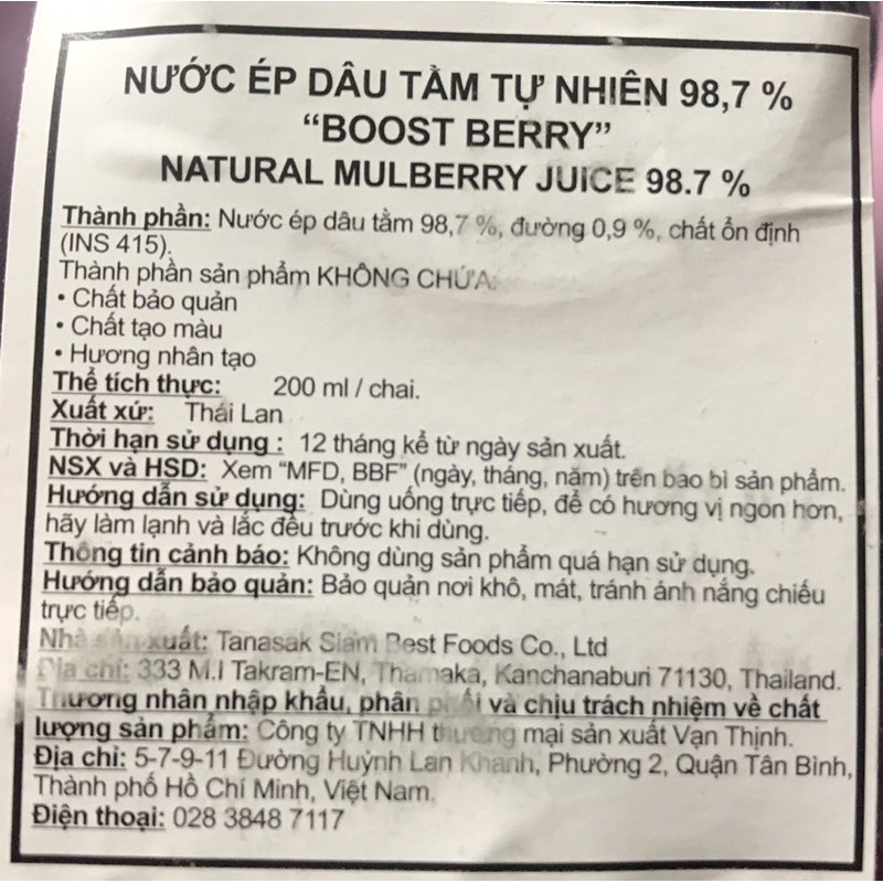 BOOST BERRY Nước Ép Dâu Tằm Tự Nhiên 98.7% lốc 6 chai / 200ml Thái Lan