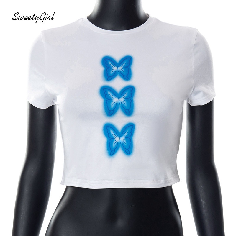 Áo Crop Top Tay Ngắn Cổ Tròn In Hình Bướm Thời Trang Dành Cho Nữ 2022