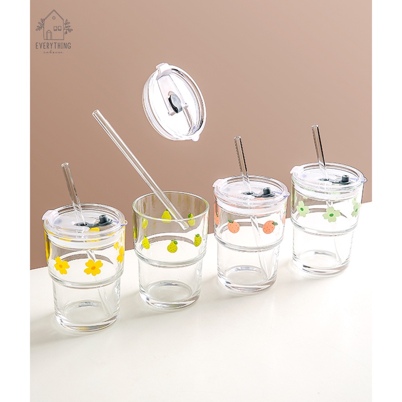 Ly thủy tinh hoa mai kèm nắp đậy và ống hút