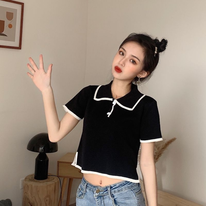 Áo Thun Dệt Kim Tay Ngắn Cổ Polo Dáng Ôm Thời Trang Mùa Hè Hàn Quốc 2022 Dành Cho Bạn Nữ