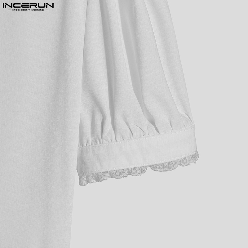 INCERUN Áo Sơ Mi Trắng Tay Ngắn Phồng Phối Nút Thời Trang Cho Nam