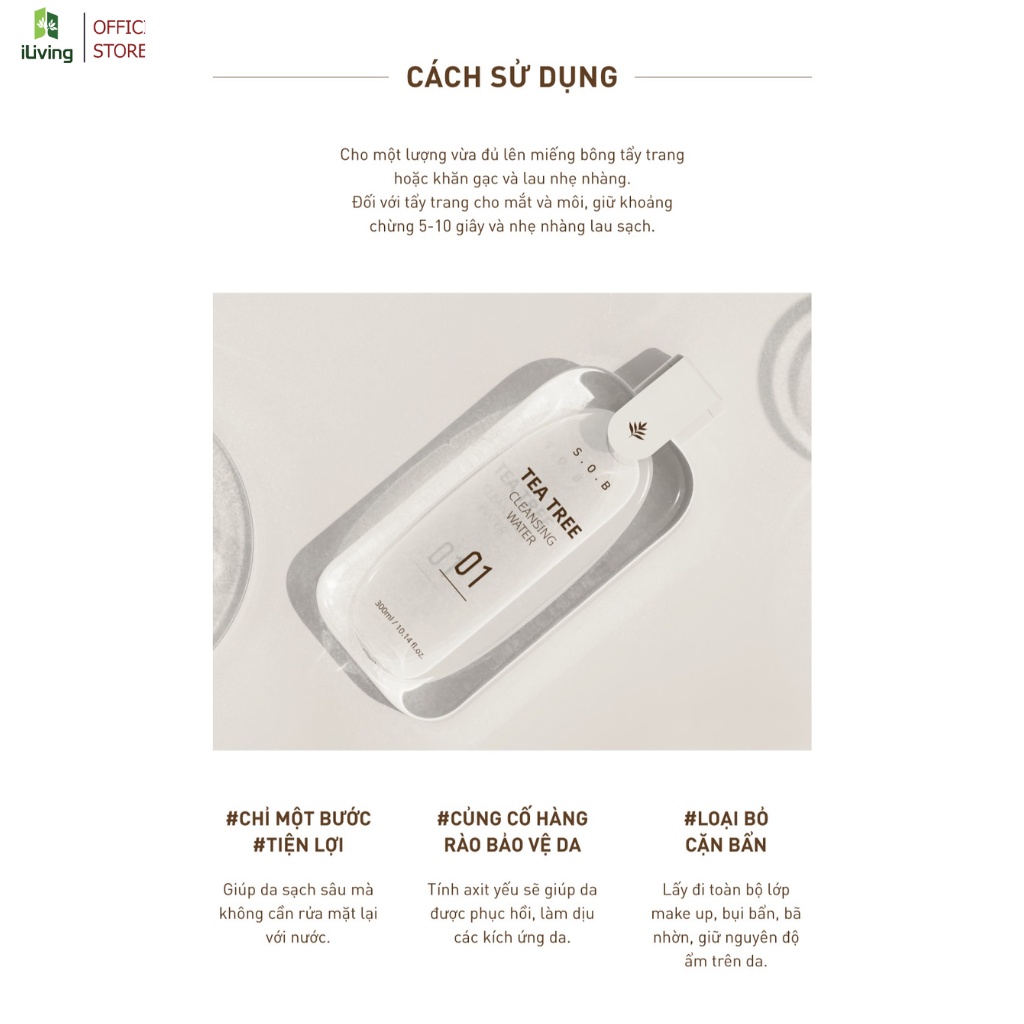 Nước tẩy trang dịu nhẹ cho mọi loại da S.O.B Tea Tree Cleansing Water 300ml ILIVING-SOBNTT300