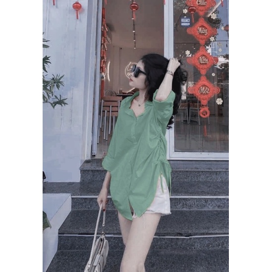 Áo sơ mi form rộng phối dây rút 2 bên sườn siêu xinh - SHOP THƠM PHẠM