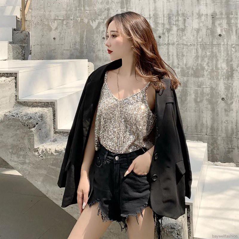 [Baywellfashion]Áo thun cổ tim đính sequin lấp lánh thời trang dành cho nữ