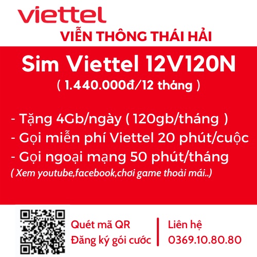 (MIỄN PHÍ 12T) Sim 4G Viettel V120N Trọn Gói 12 Tháng - Tặng 4gb/ngày và Gọi Free Viettel