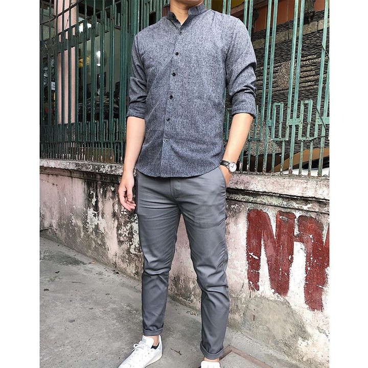 Áo Sơ Mi Xám Dáng Ôm Body Cổ Tàu | BigBuy360 - bigbuy360.vn