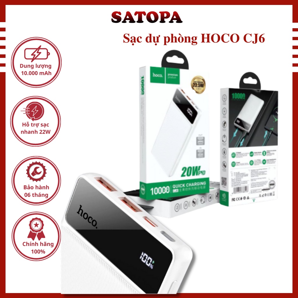 Cục xạc sạc dự phòng chính hãng HOCO CJ6 10.000mAh công nghệ sạc nhanh PD 20W + QC 3.0 màn hình kỹ thuật số điện tử