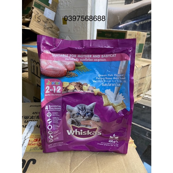 [Mã PET50K giảm Giảm 10% - Tối đa 50K đơn từ 250K] thức ăn cho mèo con whiskas 1,1 kg,hạt 450g