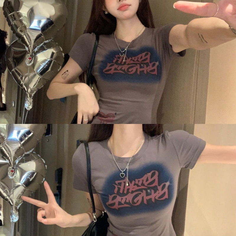 Áo Thun COZOK Ngắn Tay Dáng Ôm In Họa Tiết Kiểu Vintage Xinh Xắn