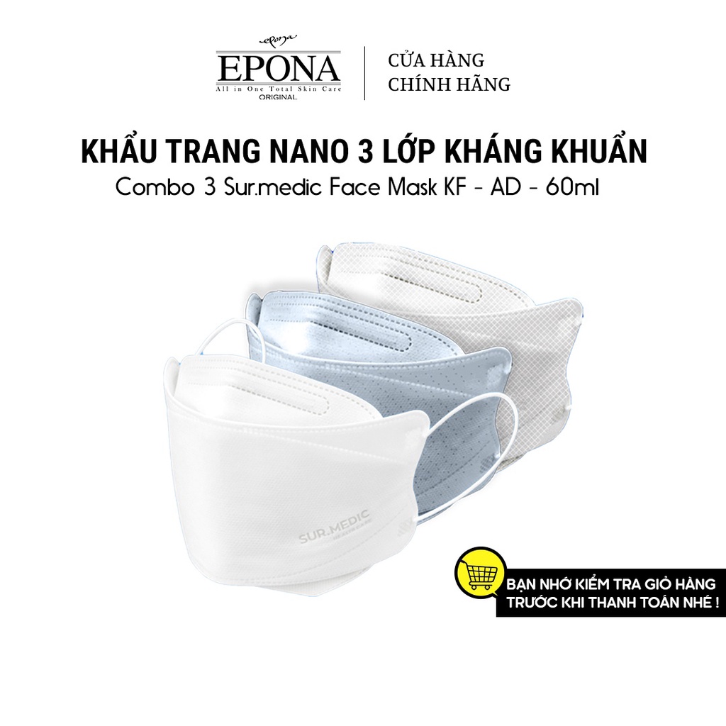 Khẩu Trang EPONA SURMEDIC Nano ion 3 Lớp Kháng Khuẩn KF-AD 99,99% - 3 cái/túi zip