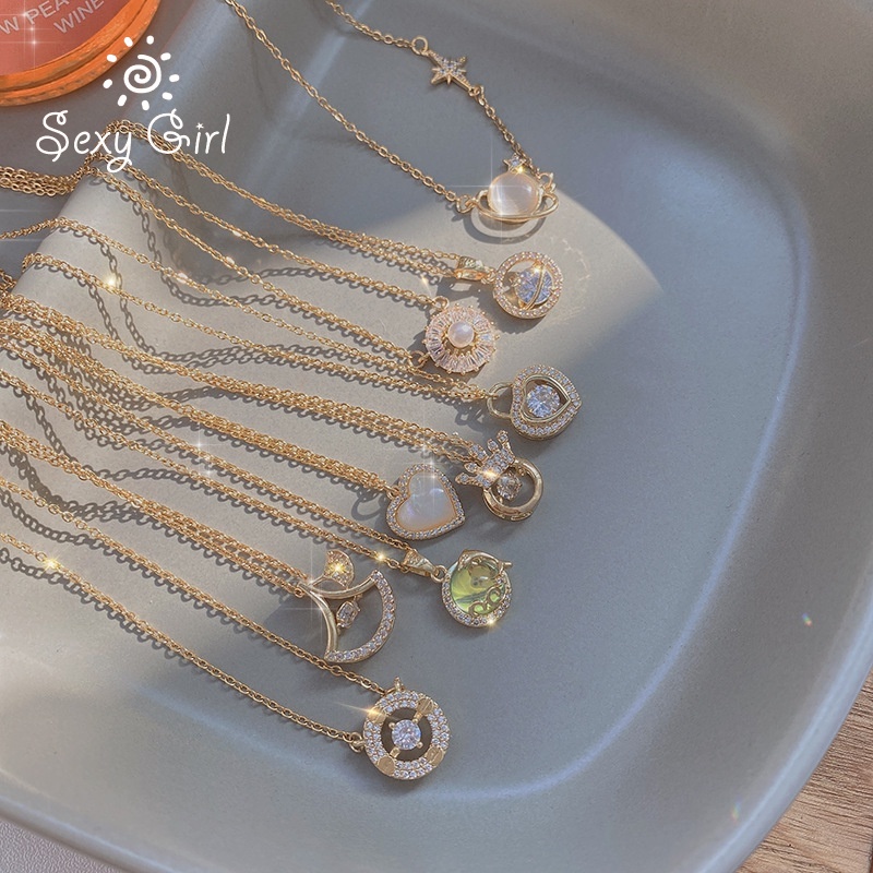 Vòng cổ Sợi Xích Phối Mặt Hình Trái Tim Đính Đá Zircon Ngọc Trai Thời Trang Hàn Quốc Quyến Rũ Cho Nữ