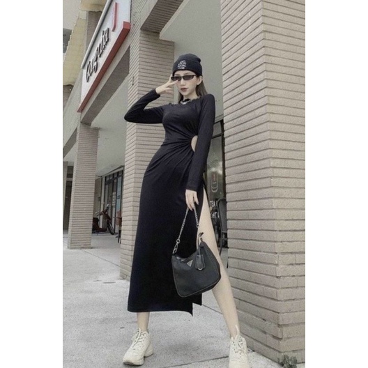 FASHIONISTA Đầm body khoét eo rút xẻ tà (borip cotton) dài tay - váy ôm freesize dưới 53kg - Màu: Đen trơn