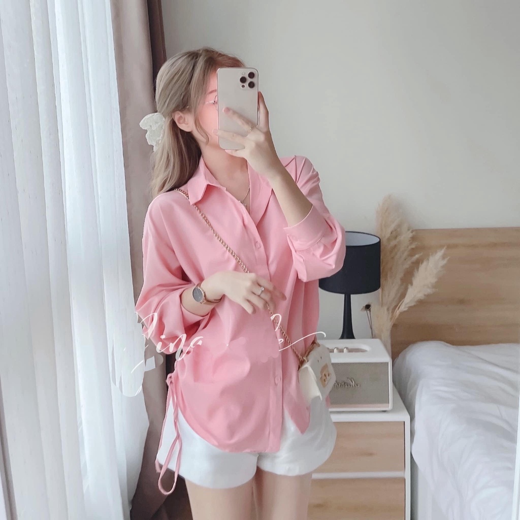 ÁO SƠ MI NỮ TAY PHỒNG PHỐI 2 DÂY RÚT HÔNG CỔ BẺ CÀI NÚT MÀU TRẮNG HỒNG CAO CẤP HADI SIÊU TIỂU THƯ ĐẲNG CẤP QUÝ NÀNG