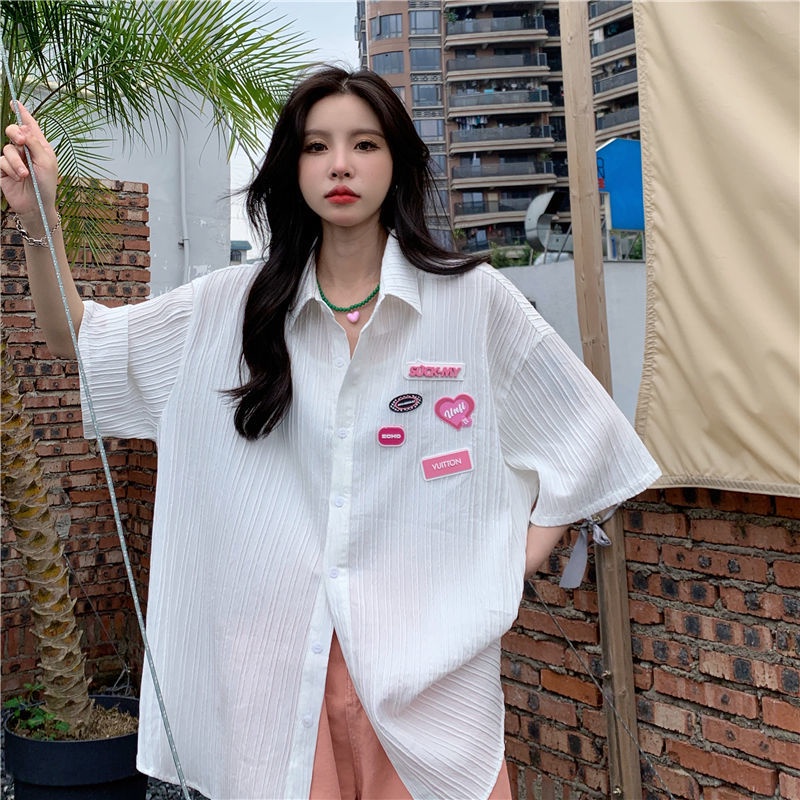Áo Sơ Mi Ngắn Tay Dáng Rộng Họa Tiết Kẻ Sọc Thời Trang Mùa Hè Cho Nữ