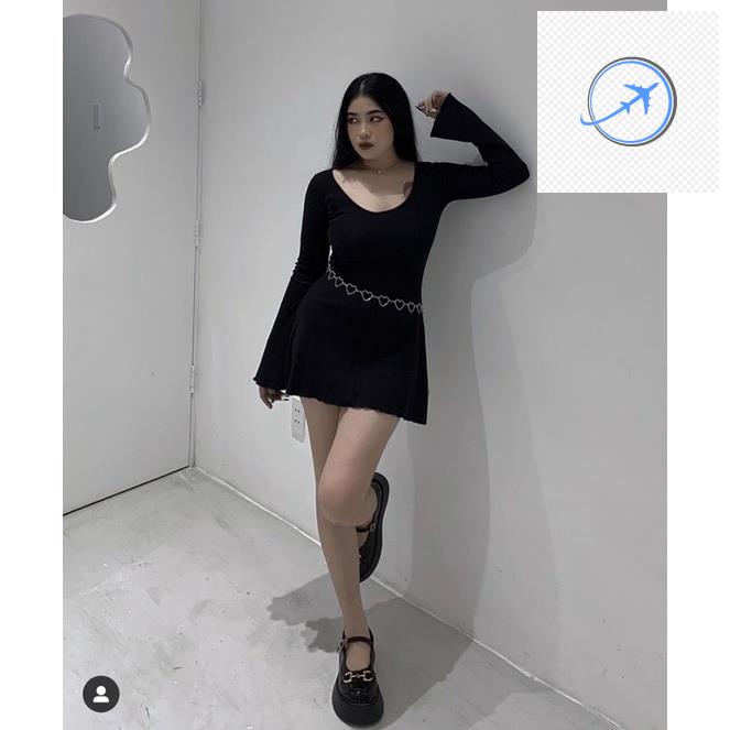 (Bigsize 55-95kg) Đầm body sexy tay dài ôm thun gan màu đen cá tính, dáng xoè loe 👗