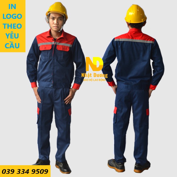 Quần Áo Lao Động Kỹ Thuật Túi Hộp Vải Kaki Xanh Phối Đỏ Có Dây Phản Quang DN14 Hình Thật