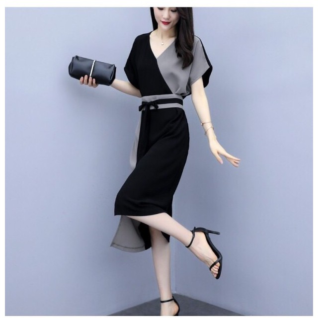 [niceshop1] Đầm công sở đen phối xám cổ V nơ eo