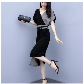 Đầm công sở đen phối xám cổ V nơ eo