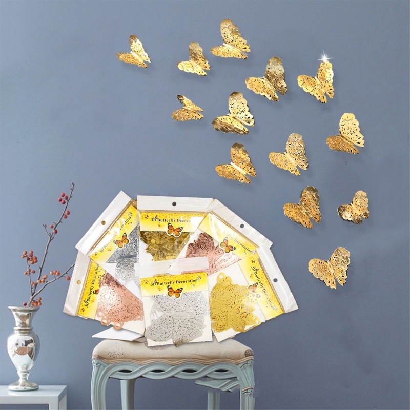 Set 12 Miếng Dán Tường Hình Bướm 3D Sáng Tạo