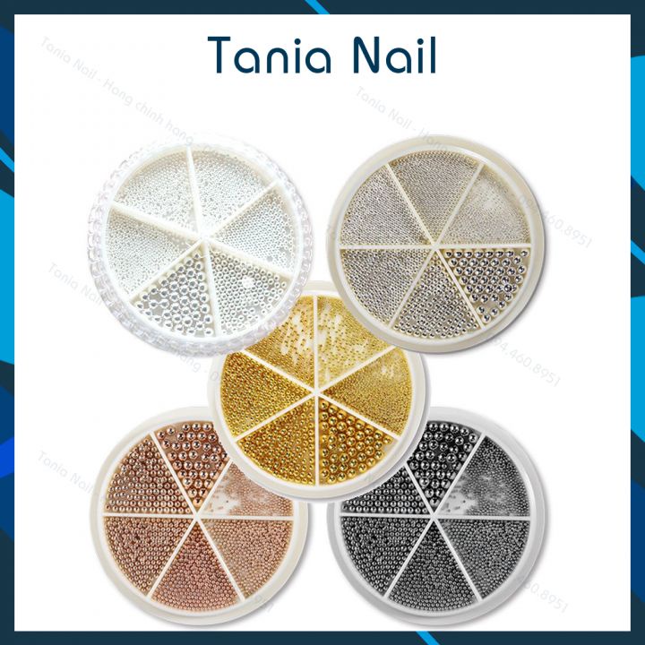 Set Bi Mix Size Trang Trí Móng Kim Loại Khay Tròn 6 Ngăn