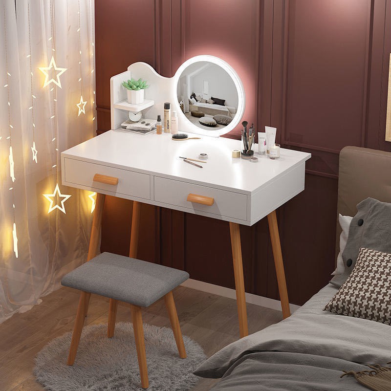 ✤◄✇Bàn trang điểm cao cấp Bắc Âu phòng ngủ chung cư nhỏ tủ để đồ tích hợp lưới đèn LED màu đỏ bé gái <