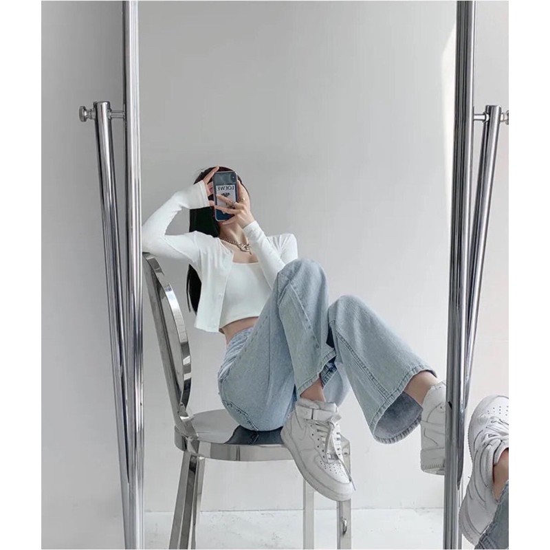 QUẦN JEANS LƯNG CAO 2 NÚT ỐNG RỘNG COTON KO GIÃN- hình thật sp