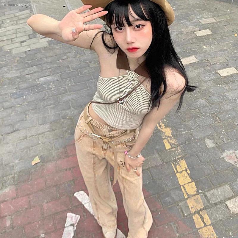 Quần denim kaki ống đứng phong cách hip hop cổ điển thời trang mùa thu dành cho nữ