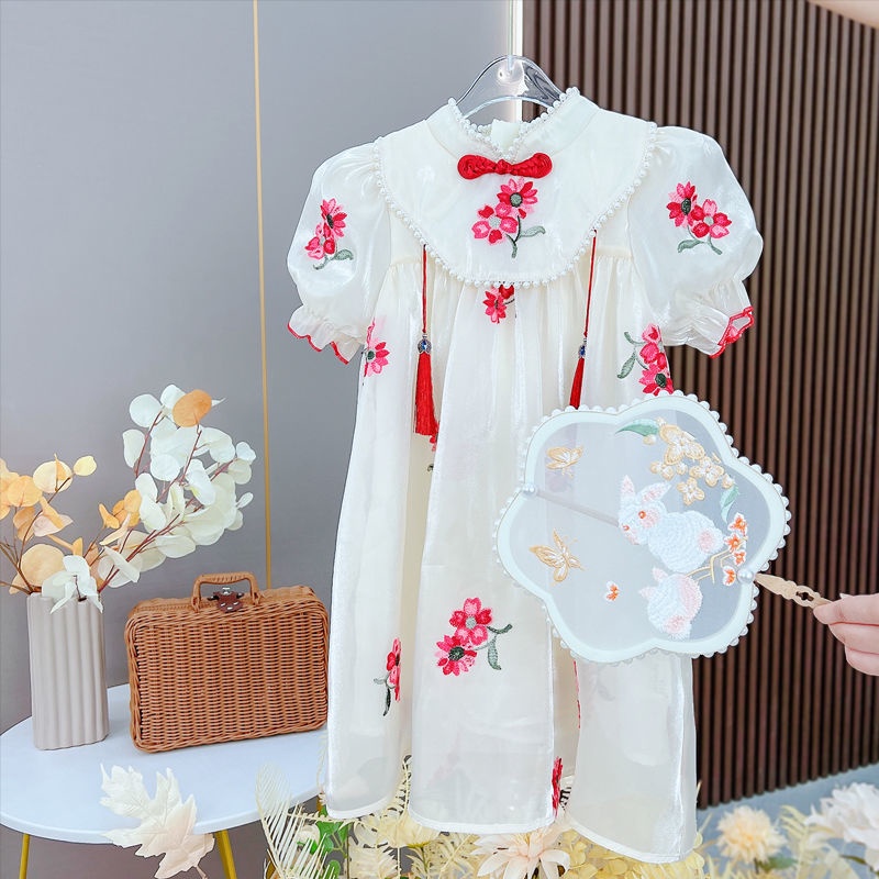 Đầm Sườn Xám Công Chúa Tay Ngắn Thêu Họa Tiết Mới Phong Cách Trung Hoa Cổ Điển Cho Bé Gái