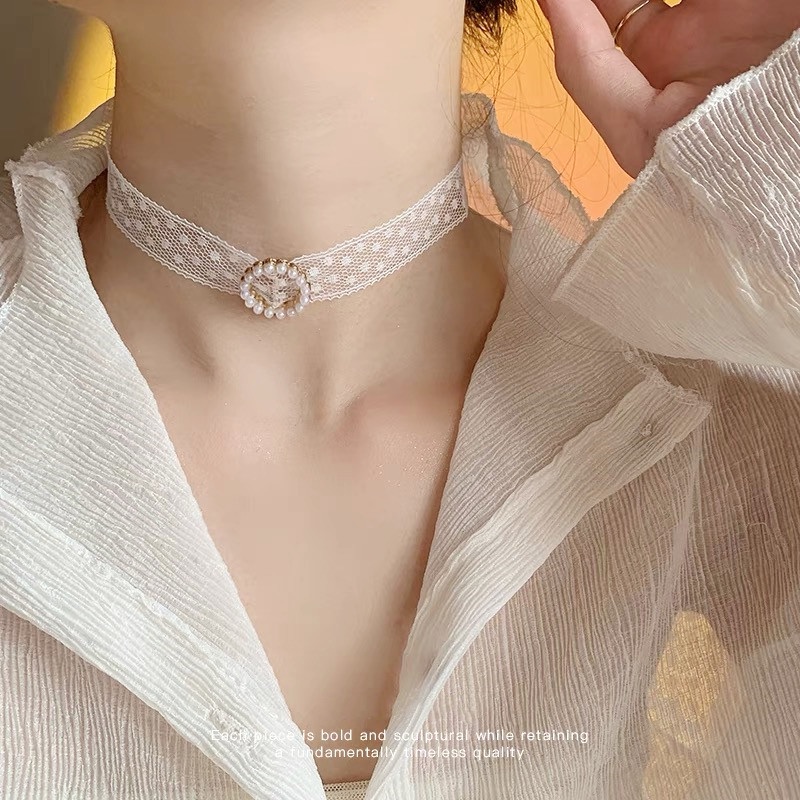 Vòng Cổ Choker Dây Ren Trắng Đính Ngọc Trai Phong Cách Hàn Quốc