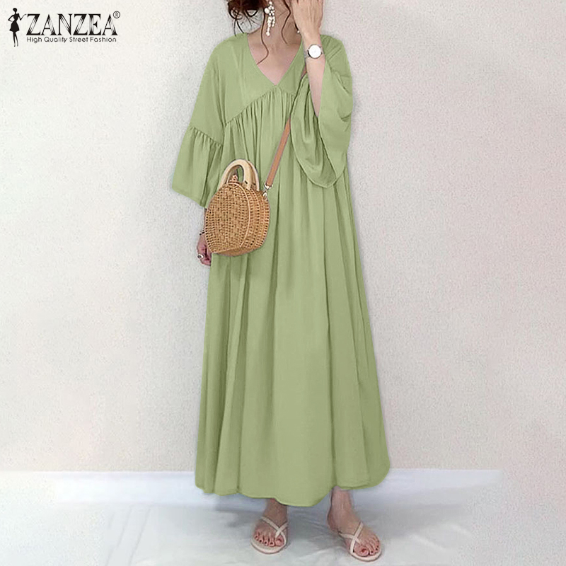 Đầm Maxi ZANZEA Tay Lỡ Cổ Chữ V Màu Trơn Sành Điệu Cho Nữ | BigBuy360 - bigbuy360.vn