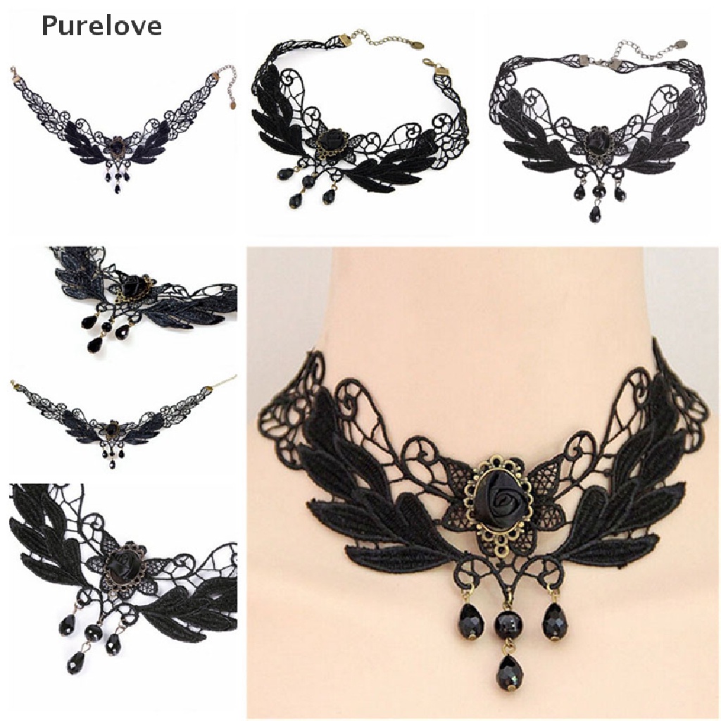(Purelove) Choker Ren Đính Hạt Màu Đen Hoa Hồng Phong Cách lolita Mới