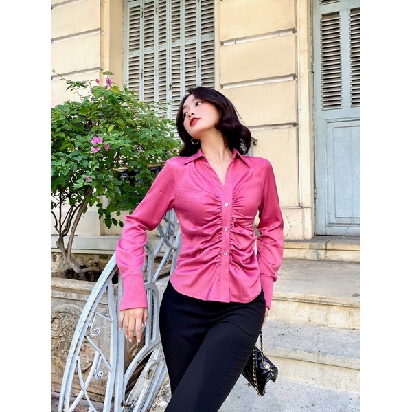 Áo sơ mi lụa xếp nhún trước MIEU - HD35