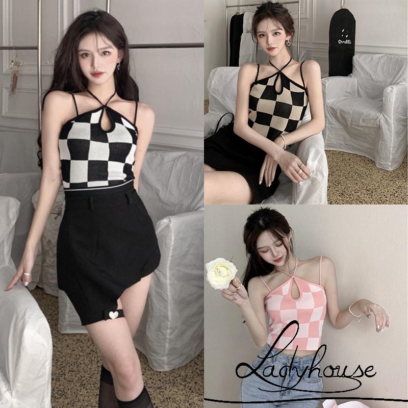 Áo Croptop Hai Dây Họa Tiết Caro Gợi Cảm Cho Nữ