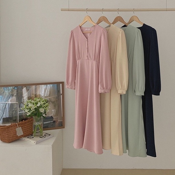 Đầm midi SUXI dài tay cổ chữ V đơn giản thời trang mùa hè cho nữ